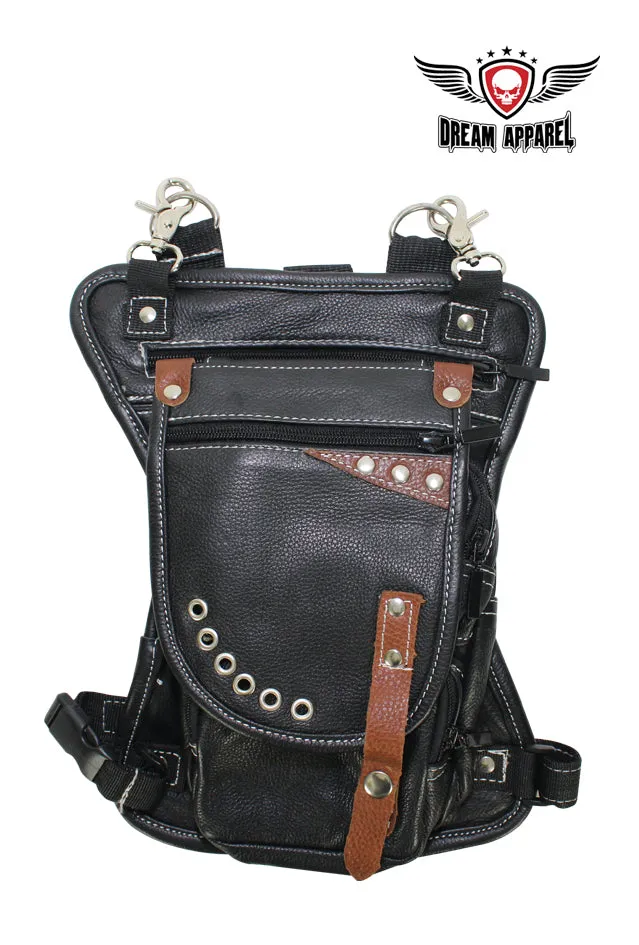 Naked Cowhide Leather Thigh Bag W/ Gun Pocket - Black & Touch Of Brown