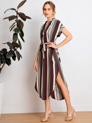 Notch Neck Rolled Cuff Curved Hem Belted Dress