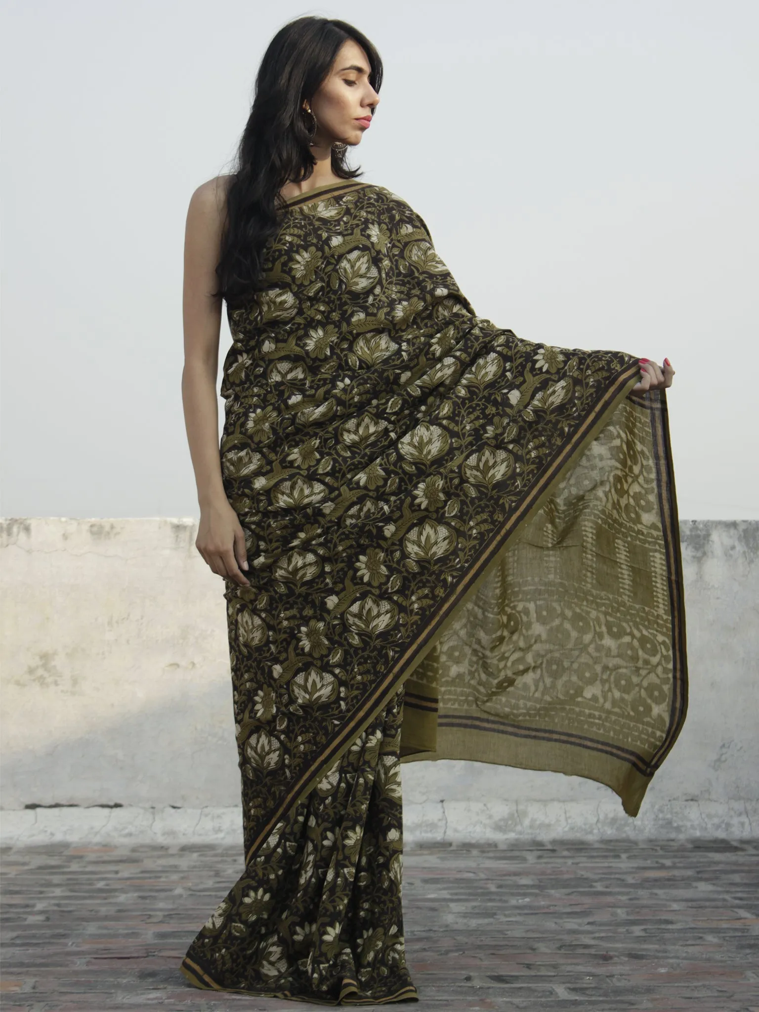 Olive Green Black Ivory Hand Block Printed Cotton Saree In Natural Colors - S031702308