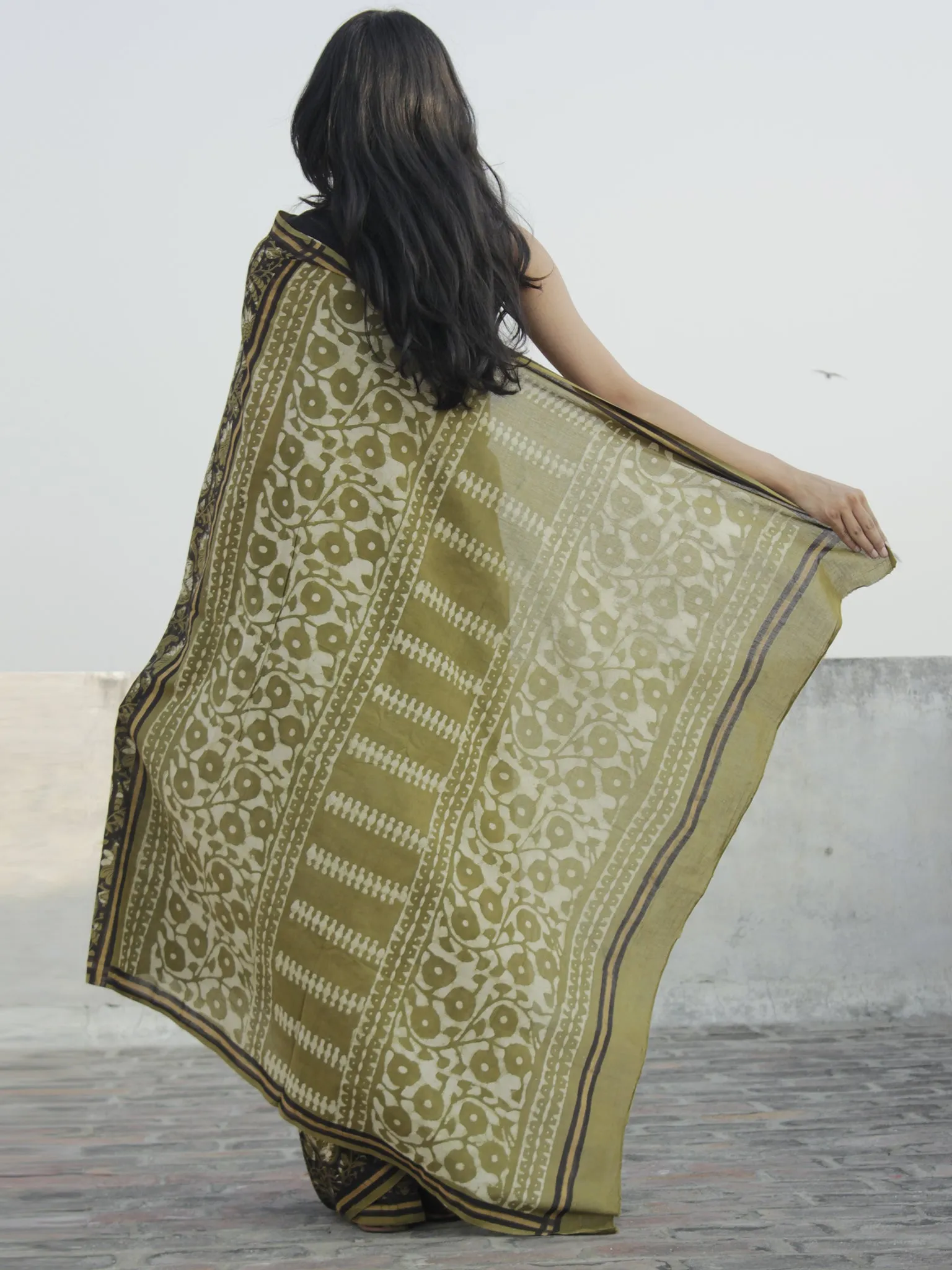 Olive Green Black Ivory Hand Block Printed Cotton Saree In Natural Colors - S031702308