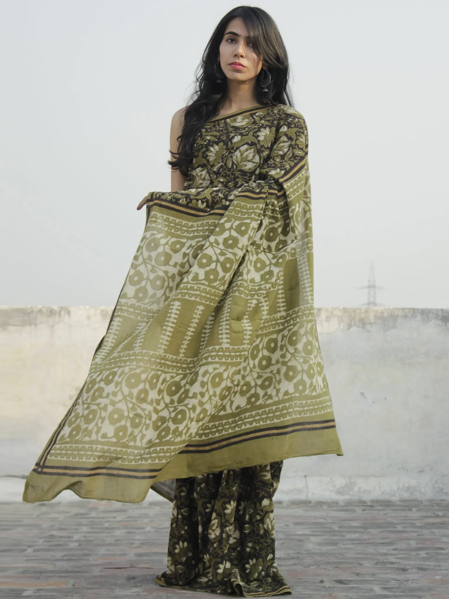 Olive Green Black Ivory Hand Block Printed Cotton Saree In Natural Colors - S031702308