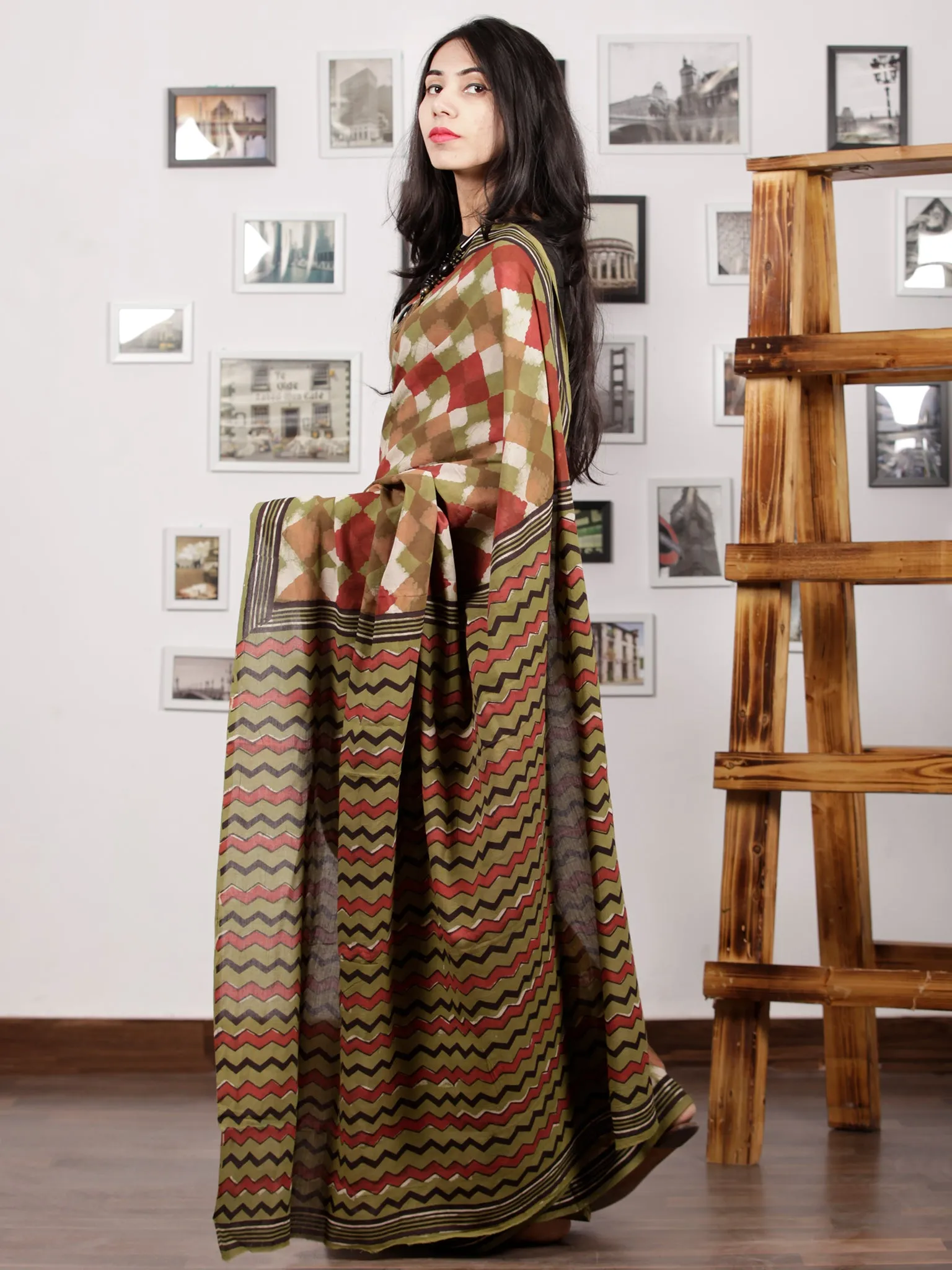 Olive Green Maroon Black Ivory Hand Block Printed Cotton Mul Saree - S031703010