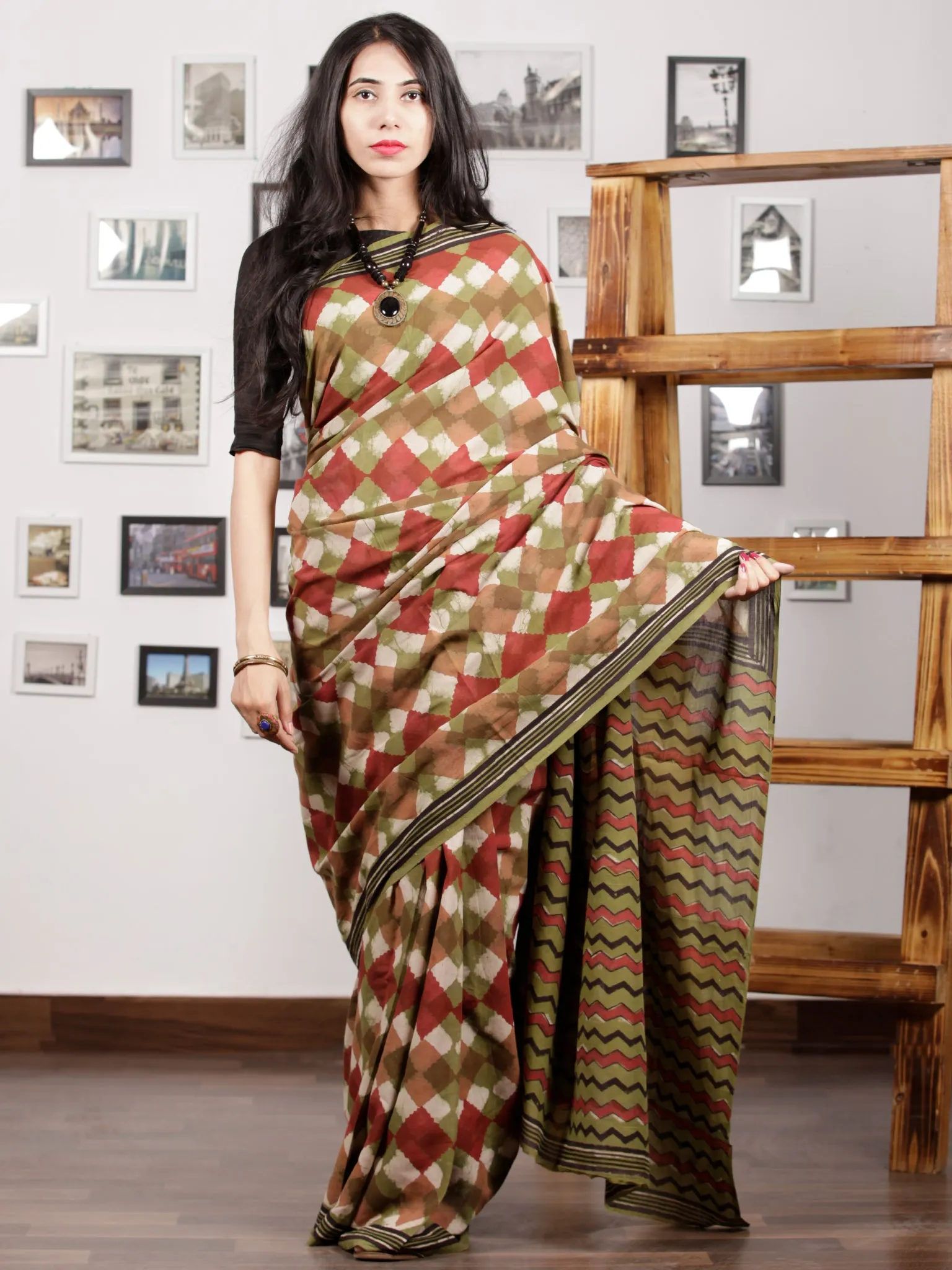 Olive Green Maroon Black Ivory Hand Block Printed Cotton Mul Saree - S031703010