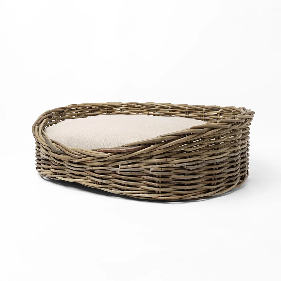 Oval Greywash Rattan Dog Basket & Reversible Mattress Set