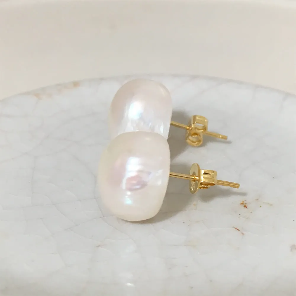 Pearl earrings with large freshwater white baroque 'Kasumi' pearl studs on 24ct gold plated posts