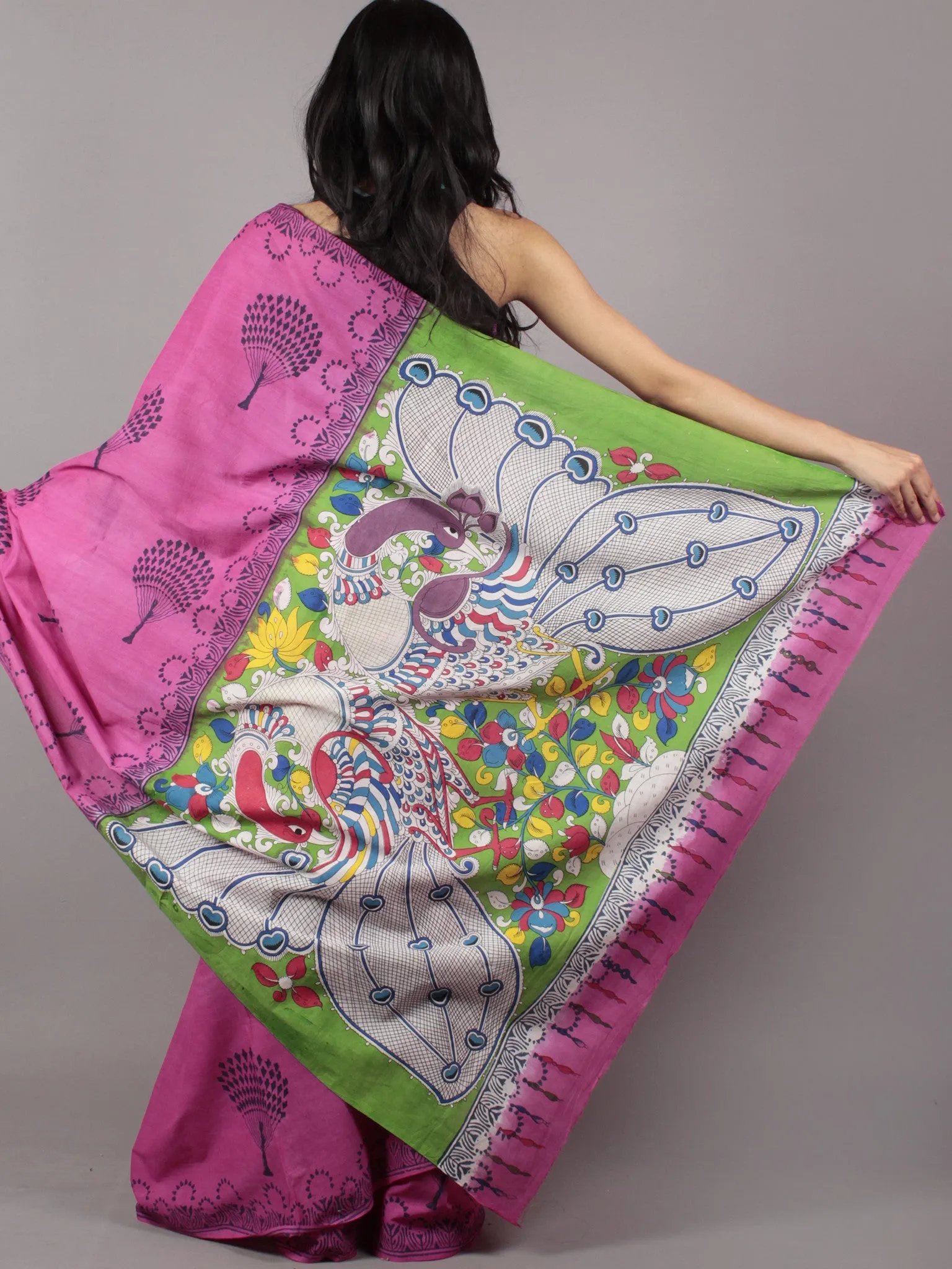 Pink Deep Indigo Hand Shibori Dyed Cotton Saree With Multi Color Kalamkari Printed Pallu - S031701710