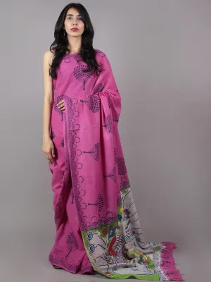 Pink Deep Indigo Hand Shibori Dyed Cotton Saree With Multi Color Kalamkari Printed Pallu - S031701710