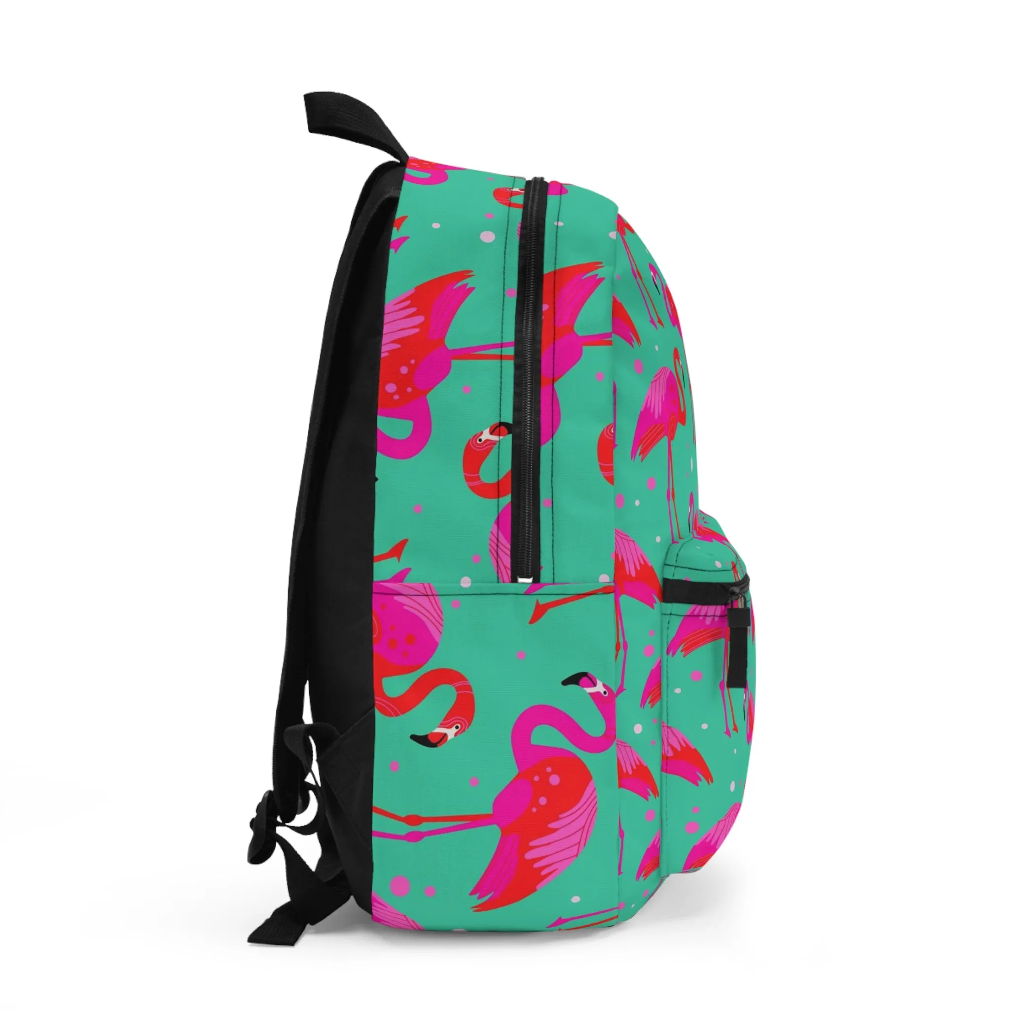 Pink Flamingo Backpack, Green Men Women Kids Gift Him Her School College Waterproof Side Pockets Aesthetic Bag