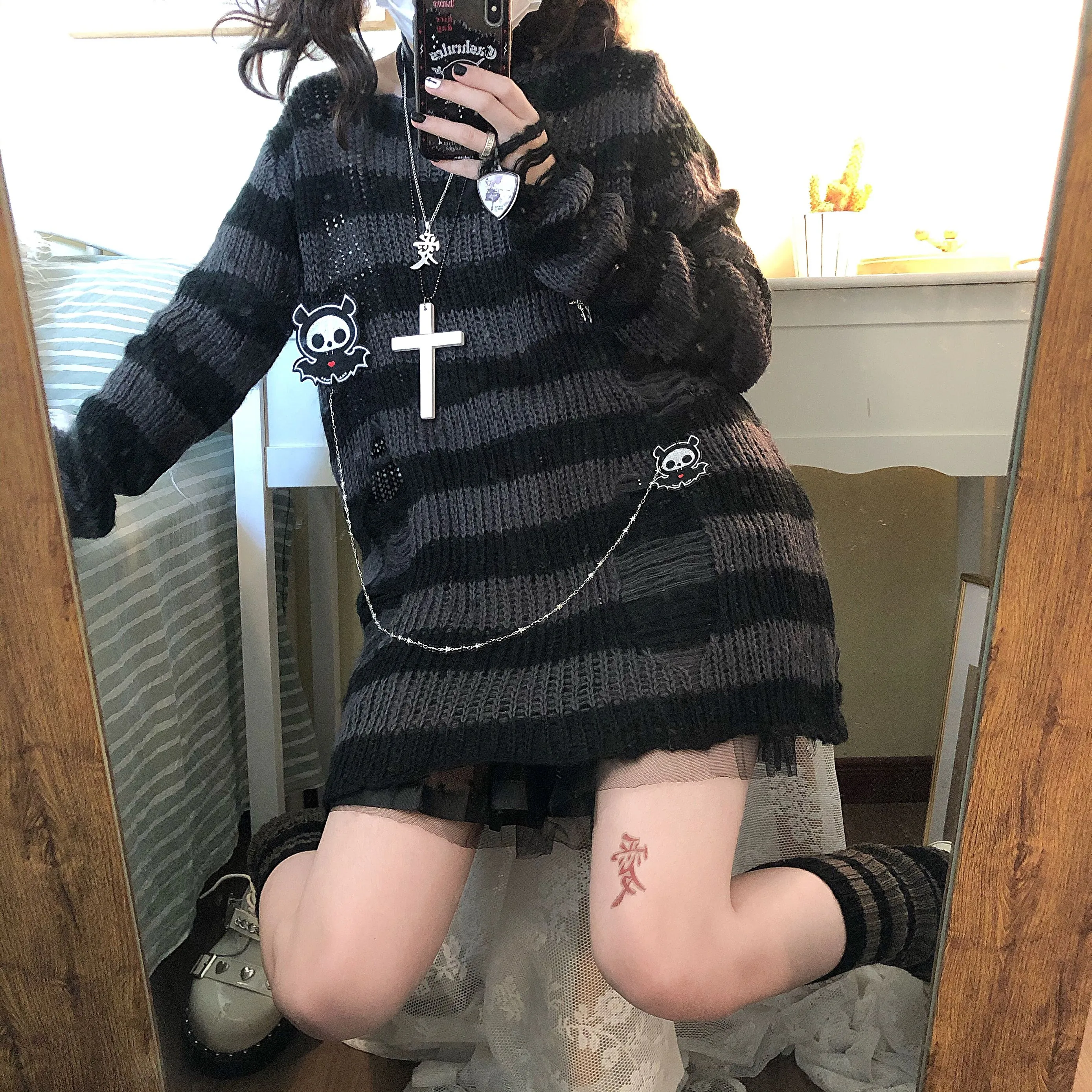 Pink Striped Gothic Sweaters Women Ripped Holes Loose Knitted Pullover Frayed Fairy Grunge Jumpers Emo Streetwear Lolita