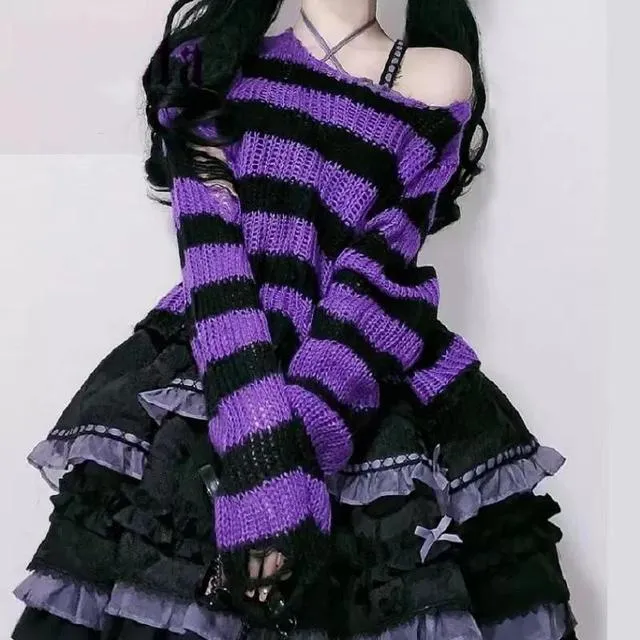 Pink Striped Gothic Sweaters Women Ripped Holes Loose Knitted Pullover Frayed Fairy Grunge Jumpers Emo Streetwear Lolita