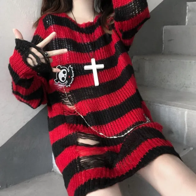 Pink Striped Gothic Sweaters Women Ripped Holes Loose Knitted Pullover Frayed Fairy Grunge Jumpers Emo Streetwear Lolita