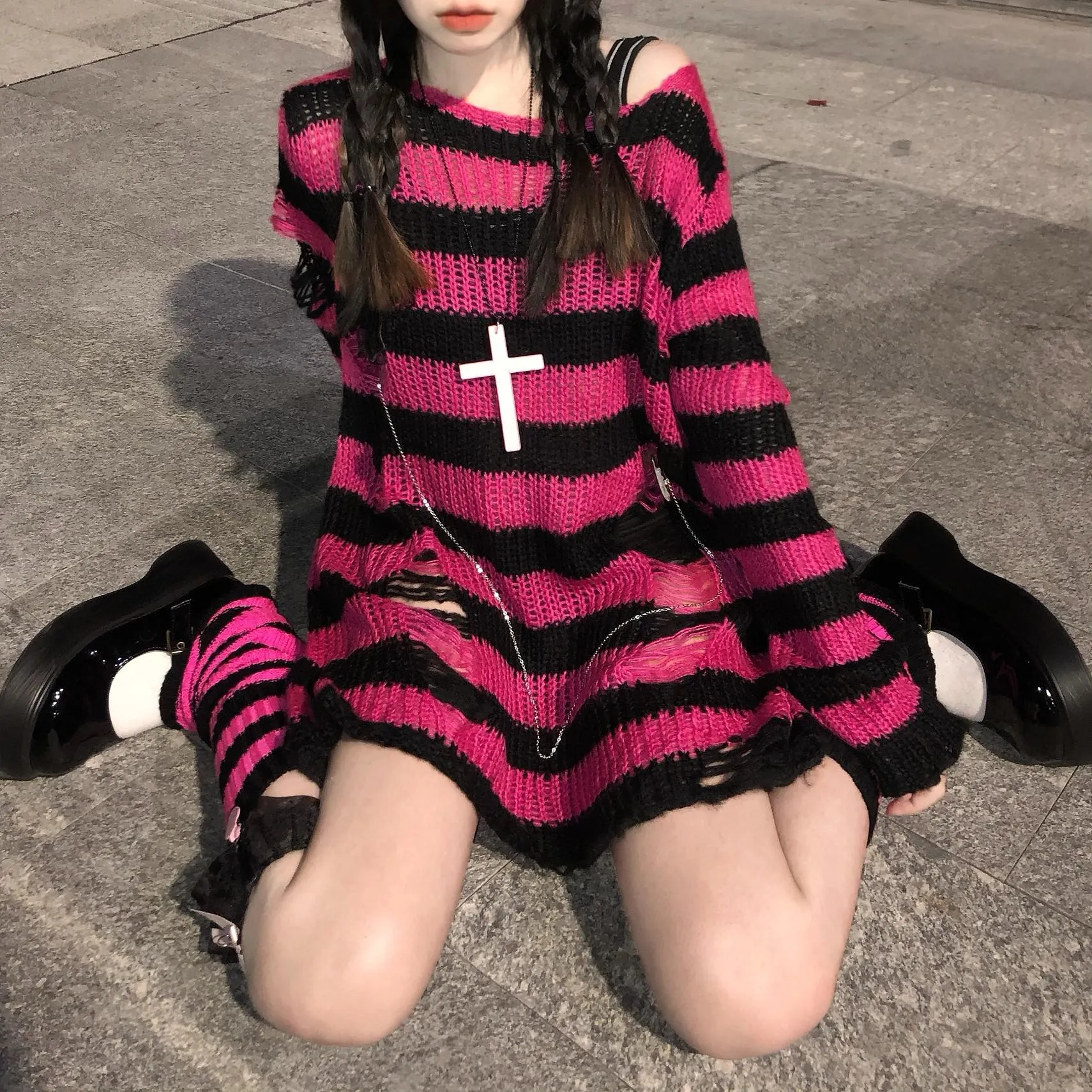 Pink Striped Gothic Sweaters Women Ripped Holes Loose Knitted Pullover Frayed Fairy Grunge Jumpers Emo Streetwear Lolita