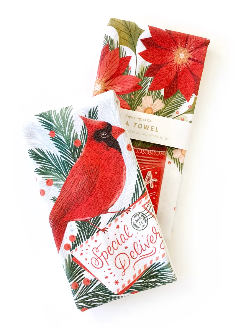 Poinsettia Wishes Tea Towel