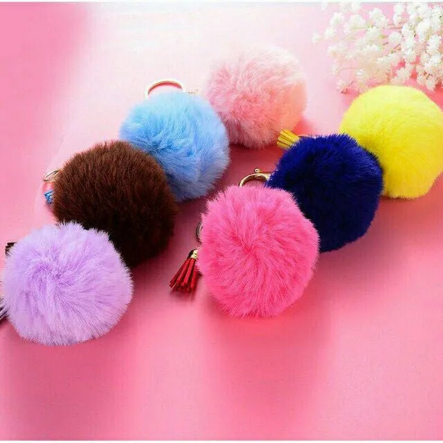 Pompoms Keychain Small Faux Fur Ball with Gold Plated Keyring |  Beige