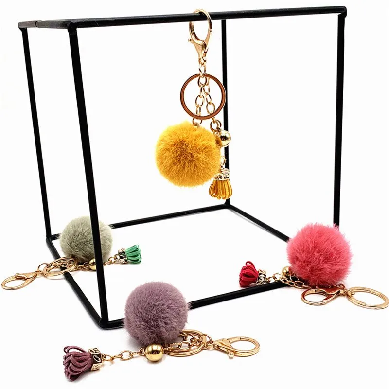 Pompoms Keychain Small Faux Fur Ball with Gold Plated Keyring |  Beige