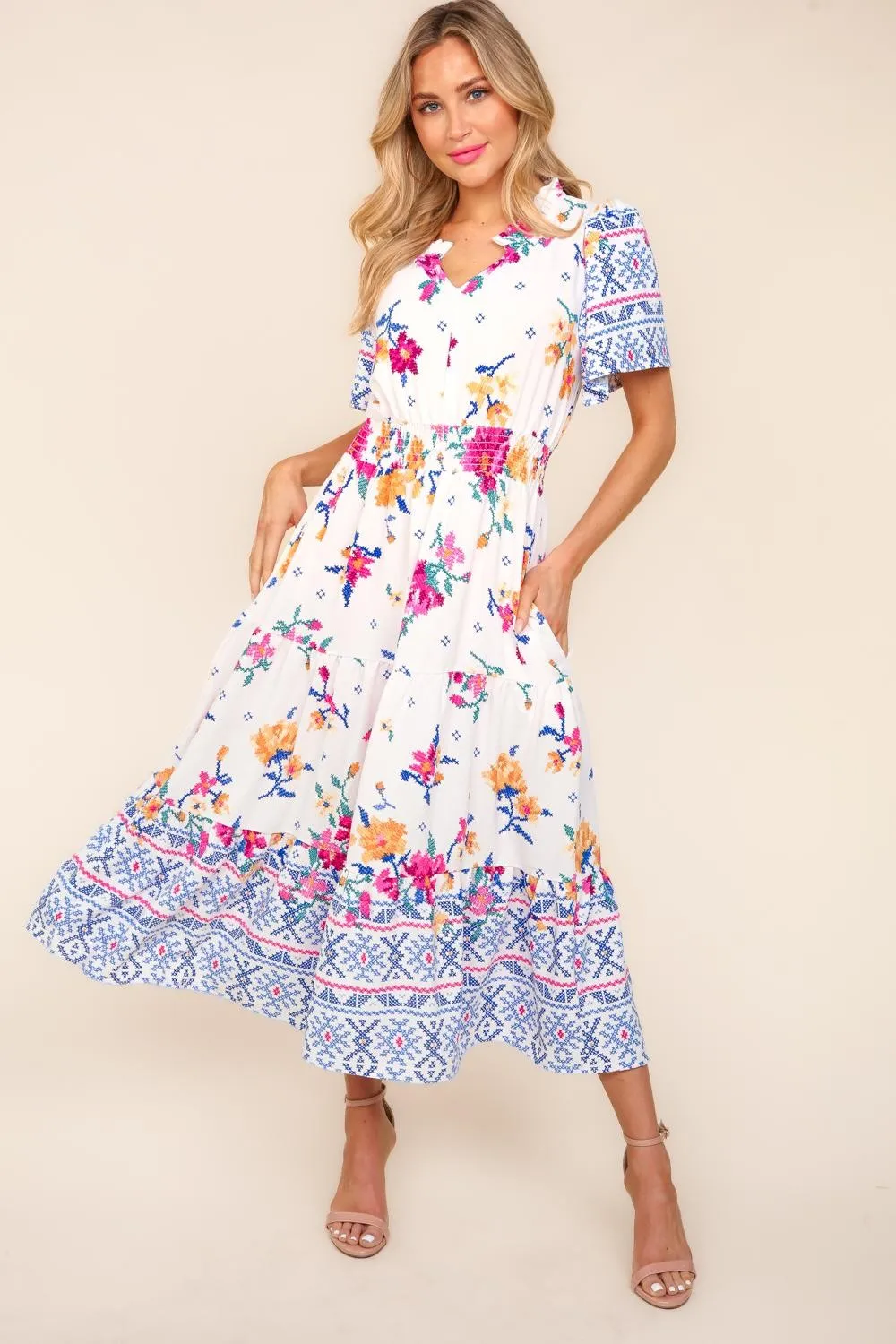 Printed Notched Short Sleeve Tiered Dress