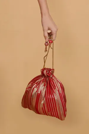 Red Bead Work Potli Bag with Sequin Detailing and Long Tassels