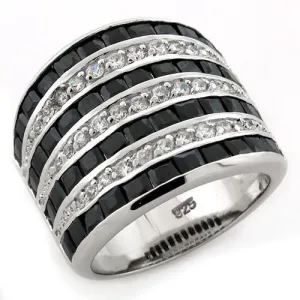 Rhodium 925 Sterling Silver Ring with AAA Grade CZ in Jet for Women Style LOAS1089