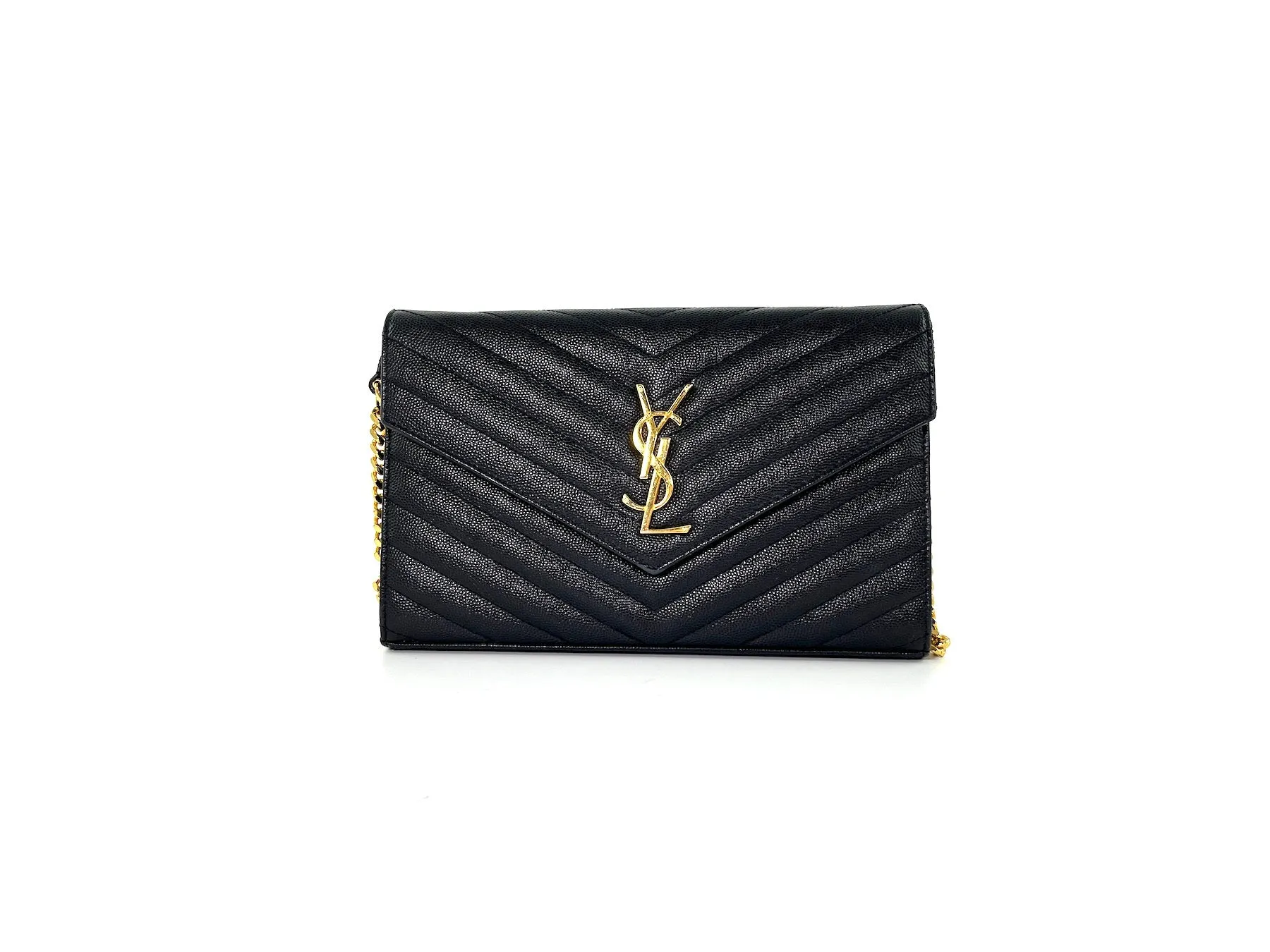 Saint Laurent Black Matelasse Envelope Wallet on Chain