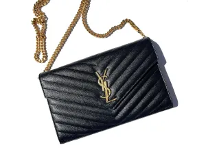 Saint Laurent Black Matelasse Envelope Wallet on Chain