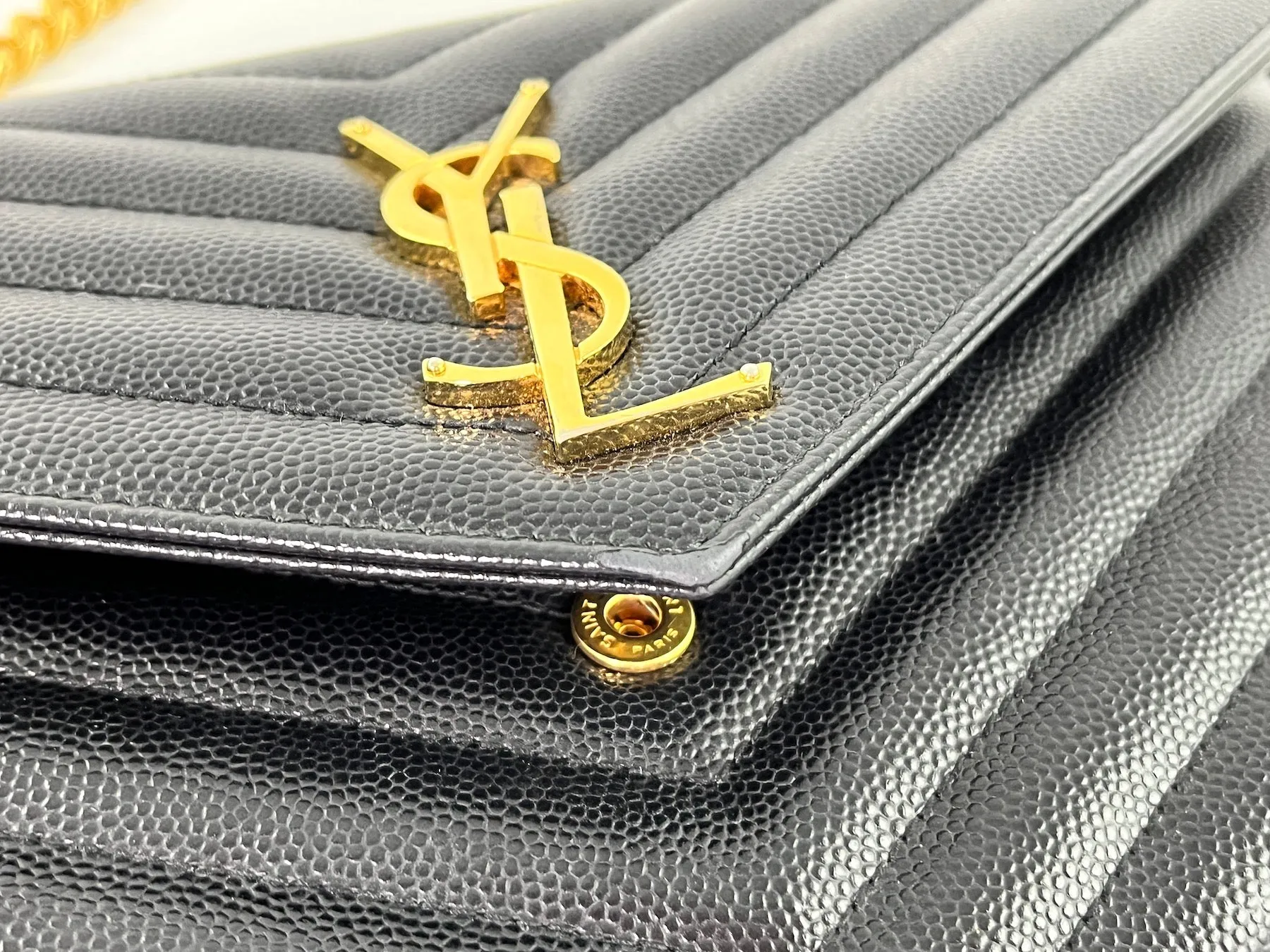 Saint Laurent Black Matelasse Envelope Wallet on Chain