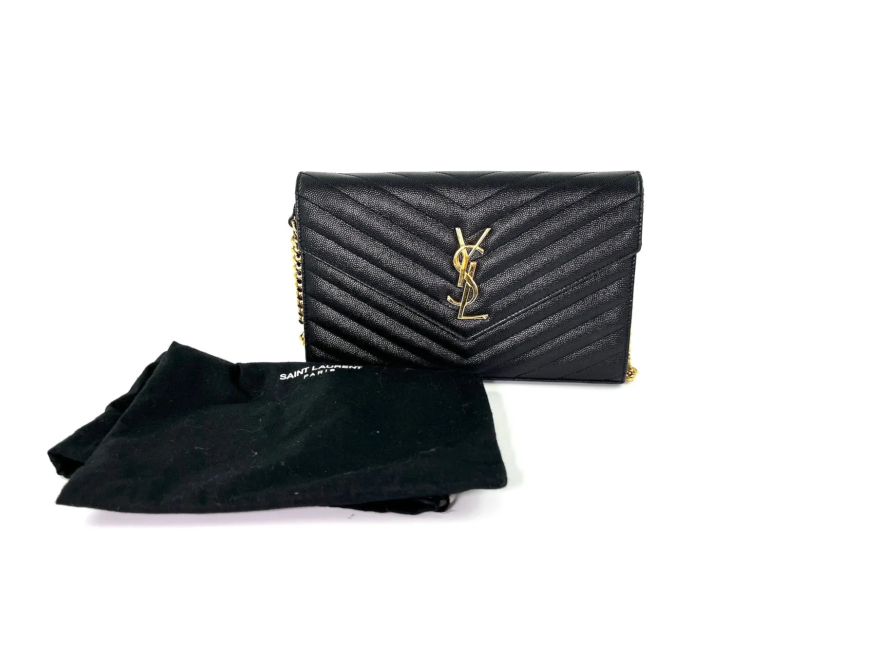 Saint Laurent Black Matelasse Envelope Wallet on Chain