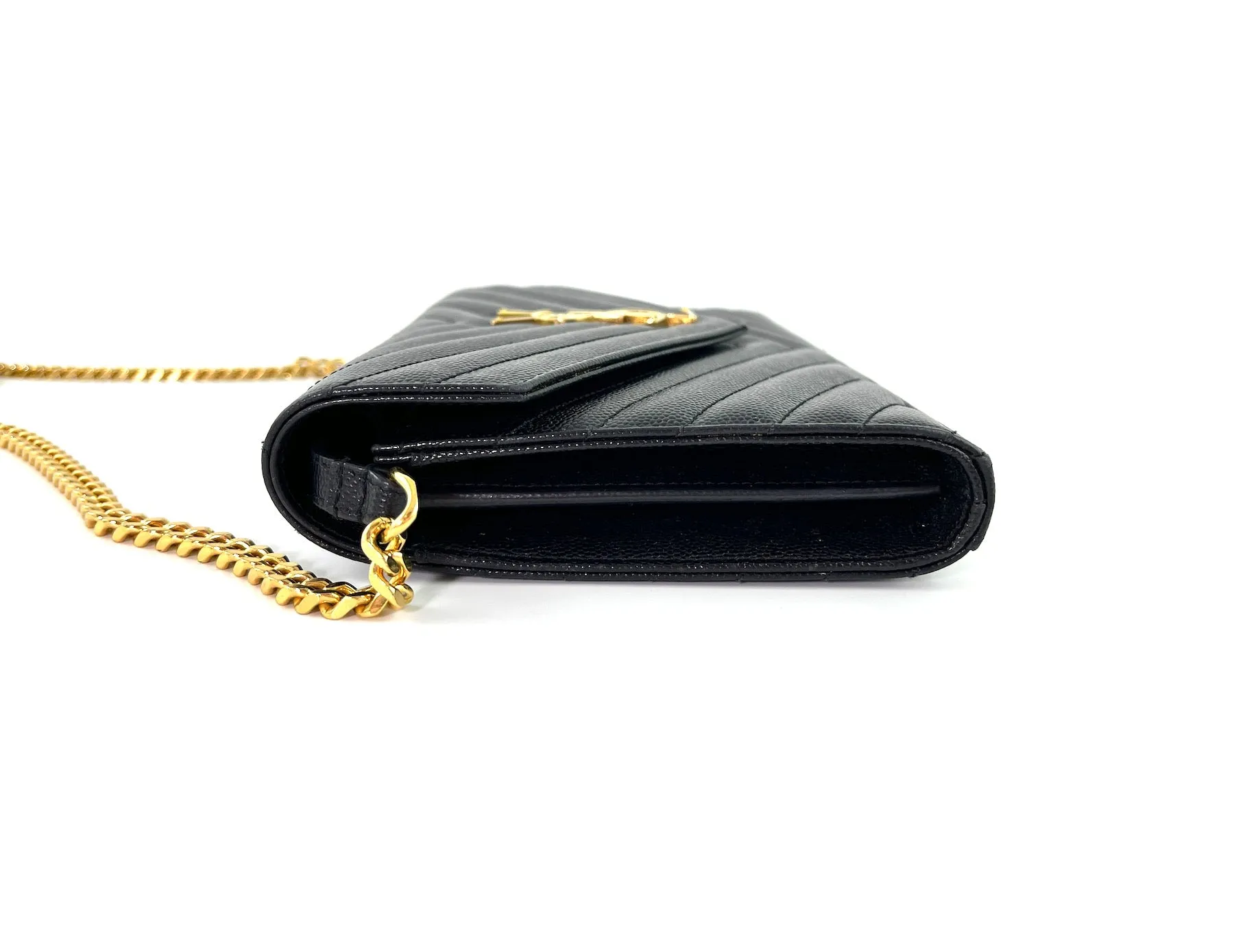 Saint Laurent Black Matelasse Envelope Wallet on Chain