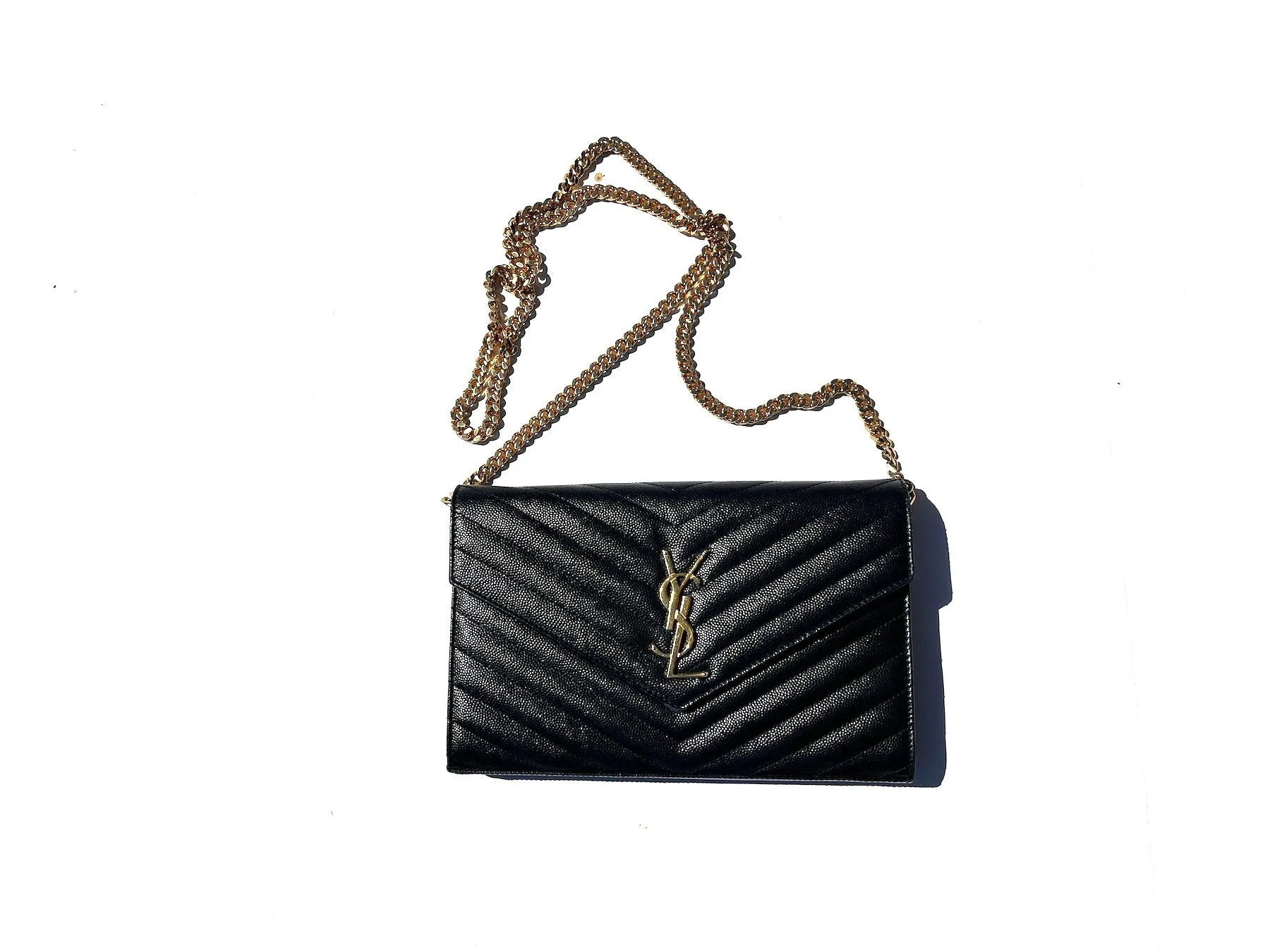 Saint Laurent Black Matelasse Envelope Wallet on Chain