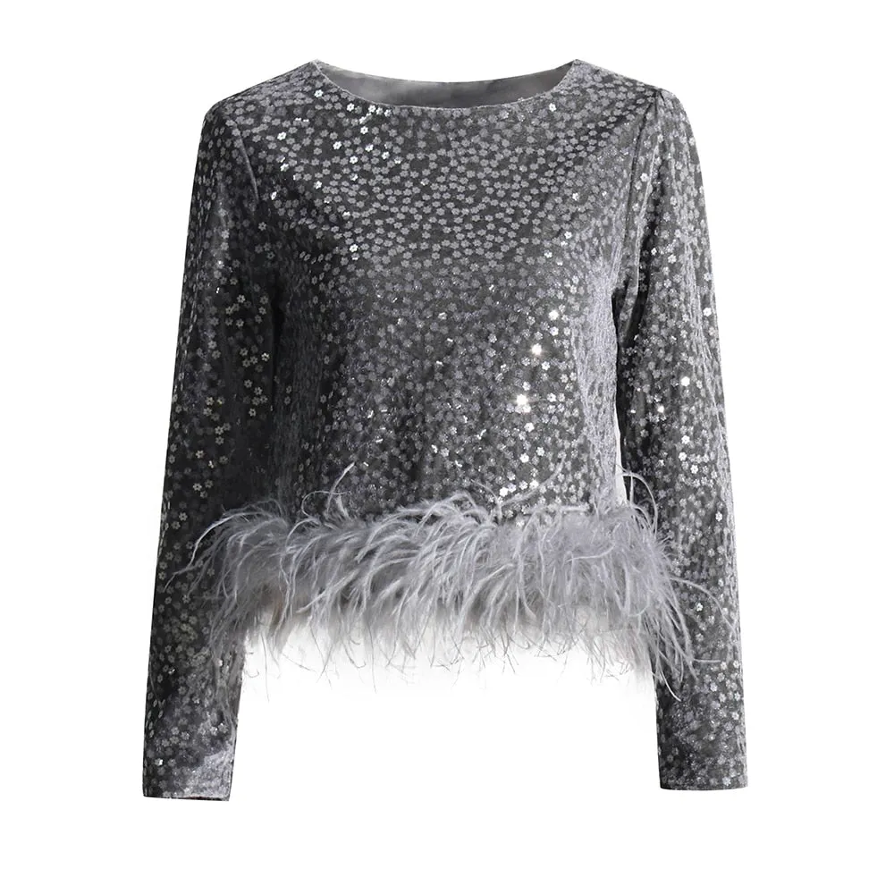 Sequins T Shirt For Women Round Neck Long Sleeve Patchwork Feathers Hem Solid T Shirts Female Clothing Fashion