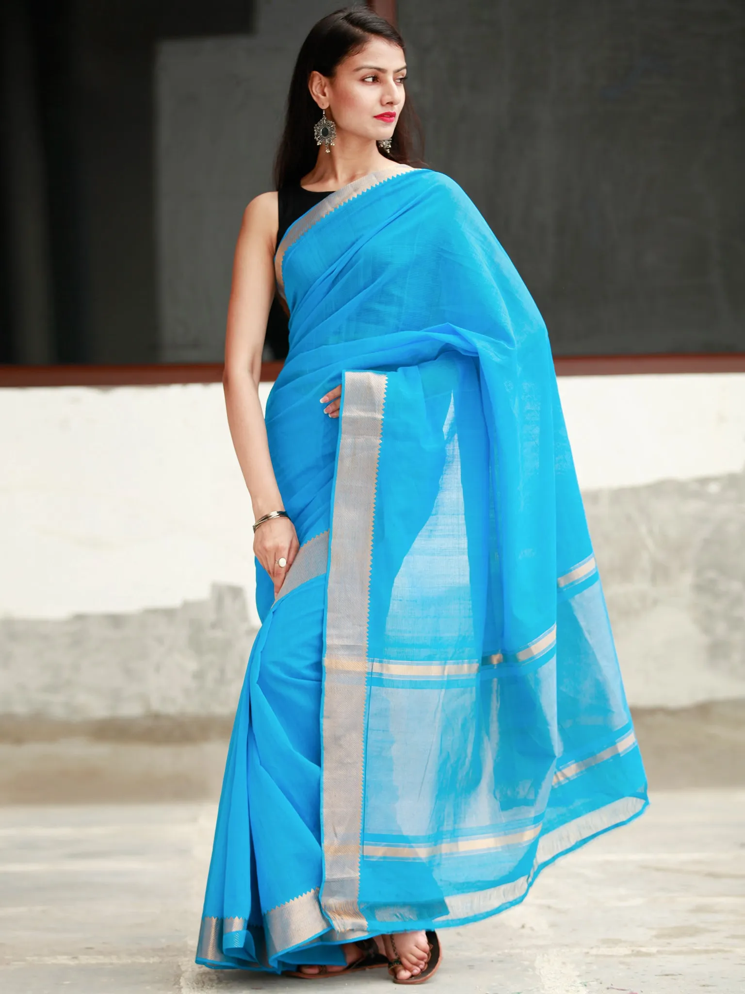 Sky Blue Handloom Mangalagiri Cotton Saree With Zari Border - S031704055