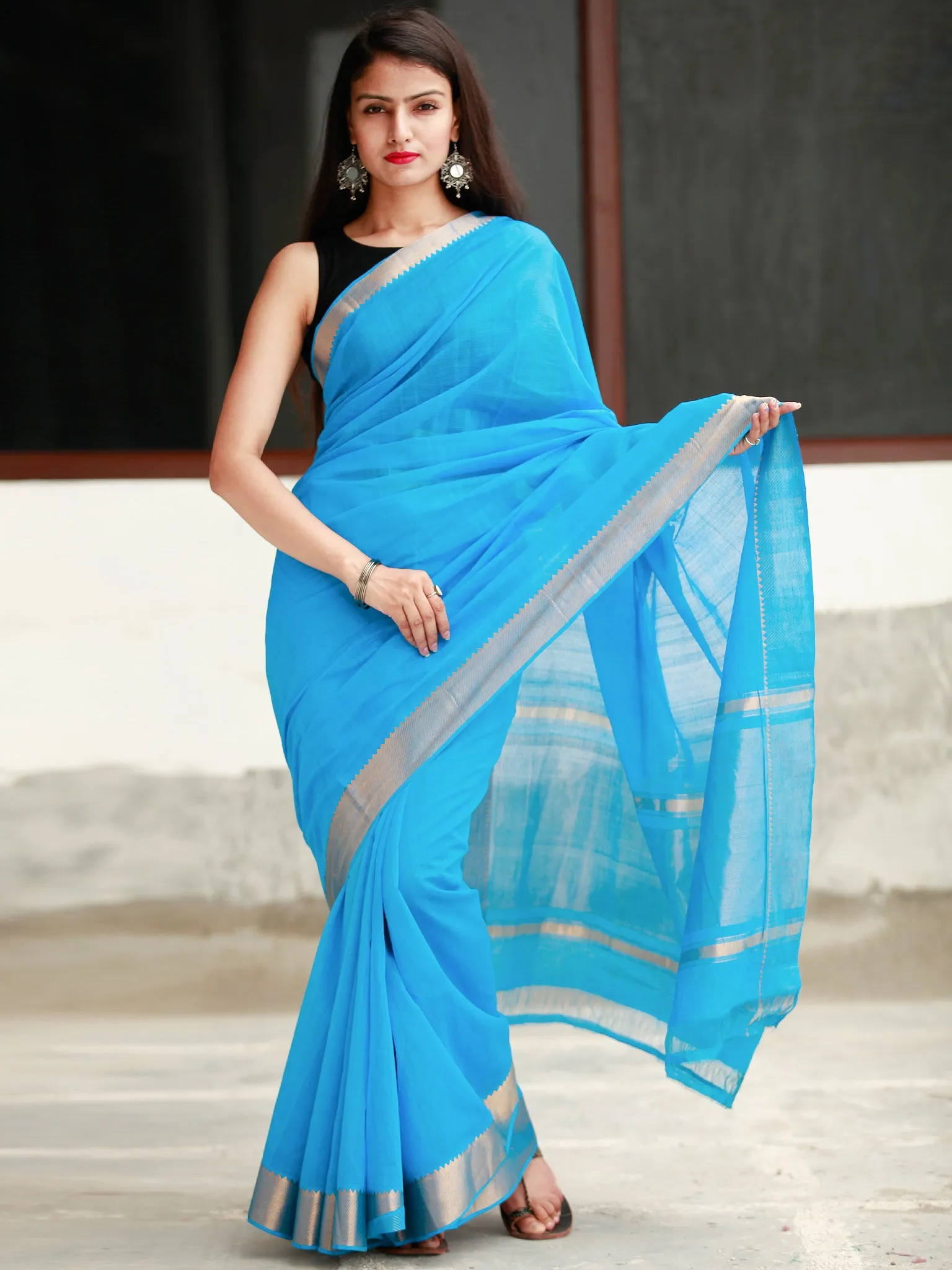 Sky Blue Handloom Mangalagiri Cotton Saree With Zari Border - S031704055