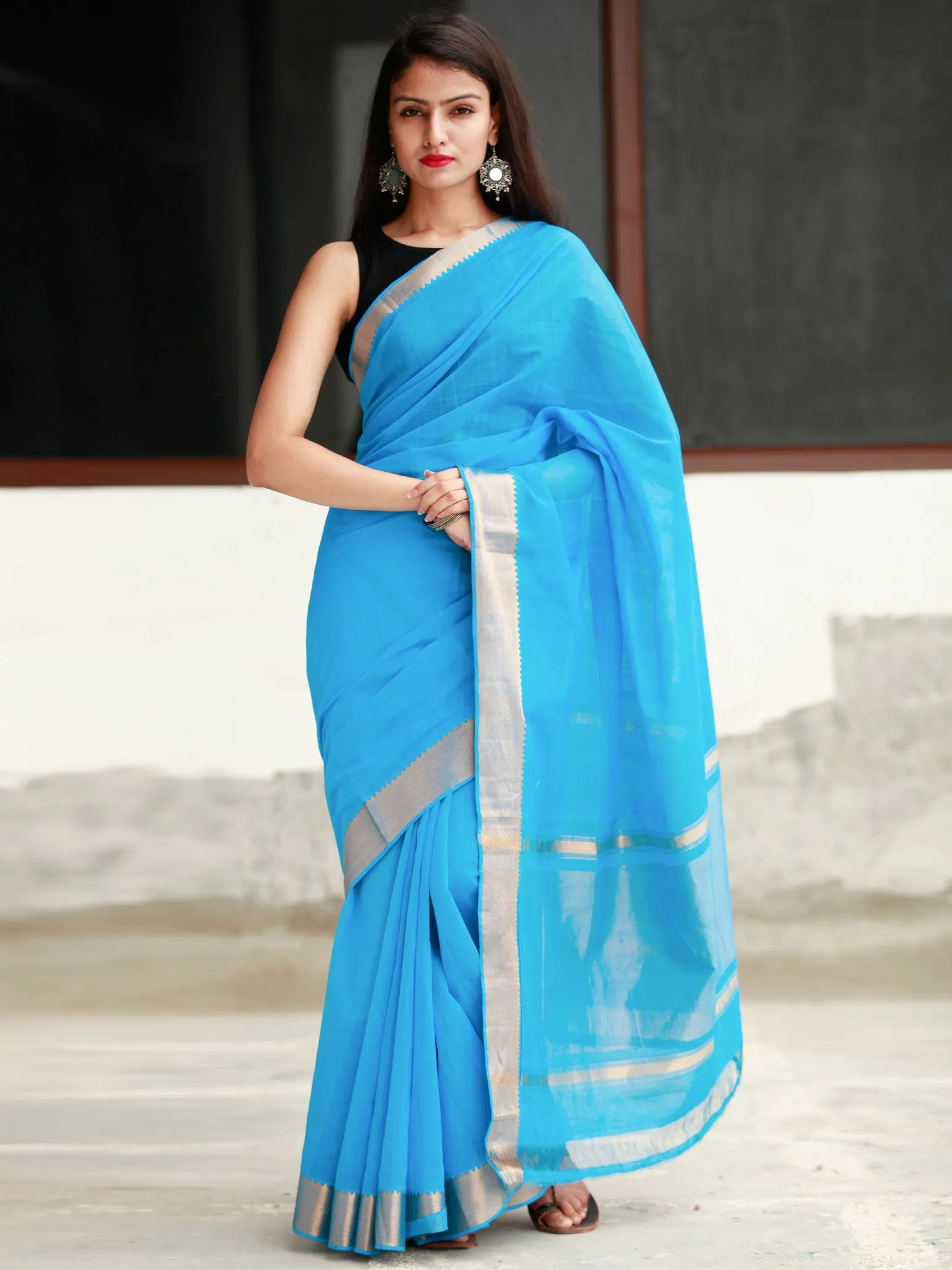 Sky Blue Handloom Mangalagiri Cotton Saree With Zari Border - S031704055