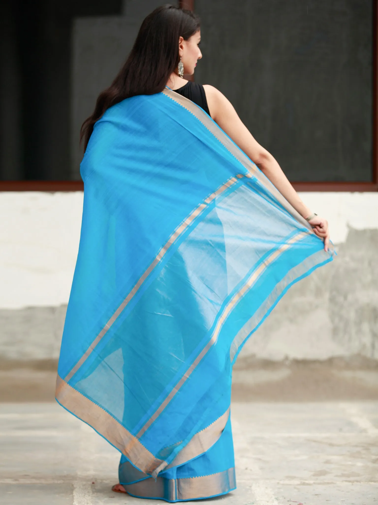 Sky Blue Handloom Mangalagiri Cotton Saree With Zari Border - S031704055