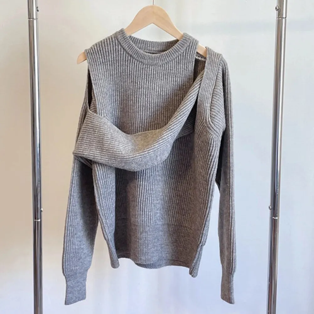 Solid Temperament Sweaters For Women Round Neck Long Sleeve Hollow Out Pull Over Sweater Female Fashion Clothing