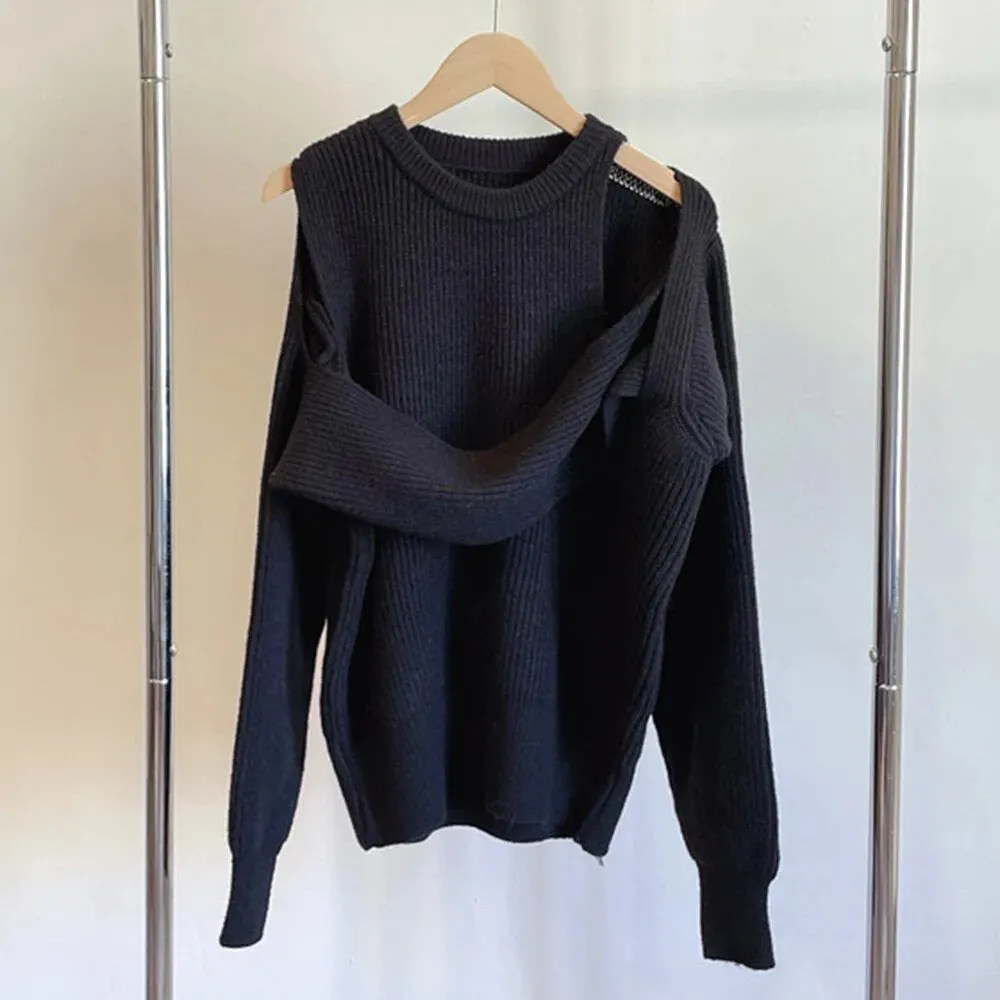 Solid Temperament Sweaters For Women Round Neck Long Sleeve Hollow Out Pull Over Sweater Female Fashion Clothing