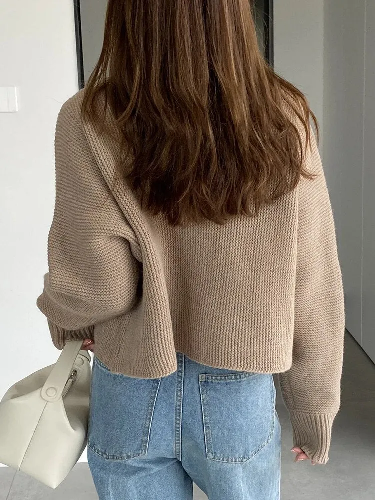 Solid Temperament Sweaters For Women Slash Neck Long Sleeve Patchwork Button Minimalist Sweater Female Fashion