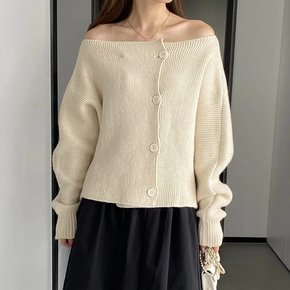 Solid Temperament Sweaters For Women Slash Neck Long Sleeve Patchwork Button Minimalist Sweater Female Fashion