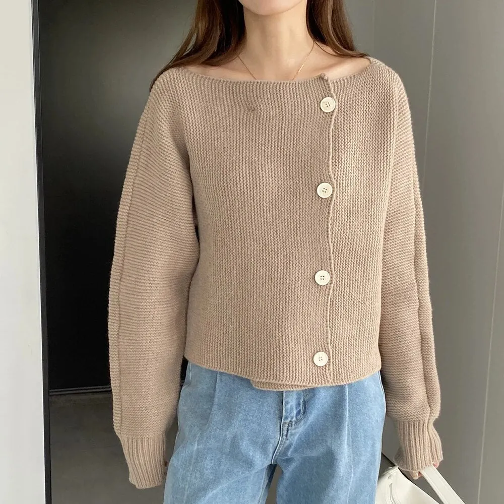 Solid Temperament Sweaters For Women Slash Neck Long Sleeve Patchwork Button Minimalist Sweater Female Fashion