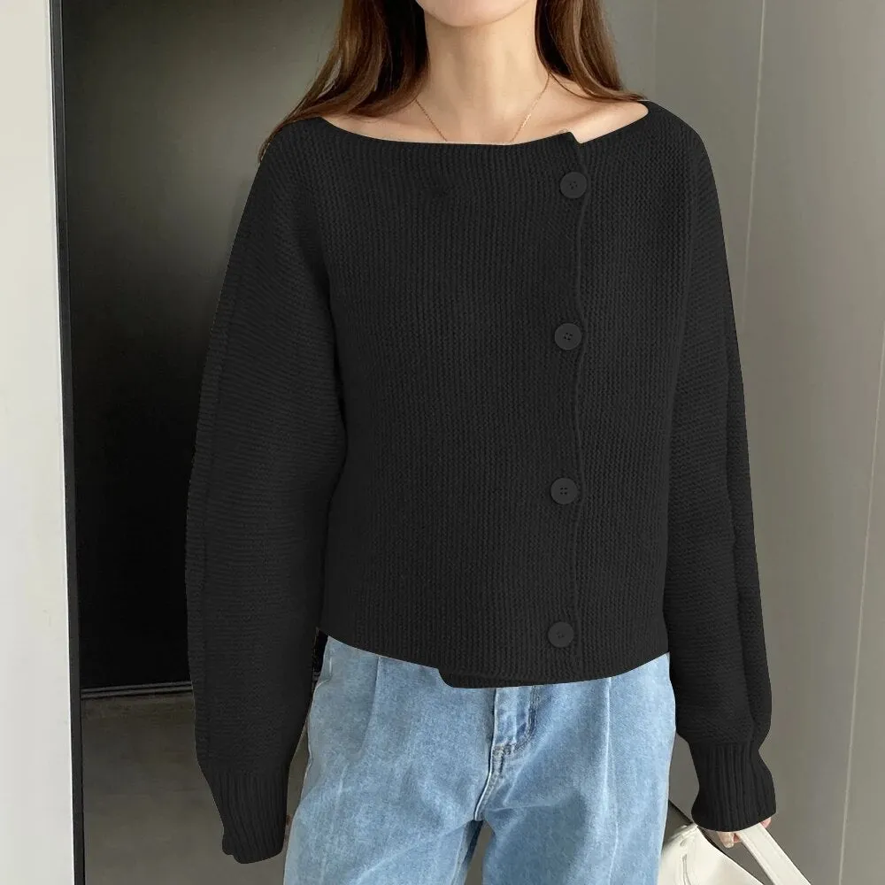 Solid Temperament Sweaters For Women Slash Neck Long Sleeve Patchwork Button Minimalist Sweater Female Fashion