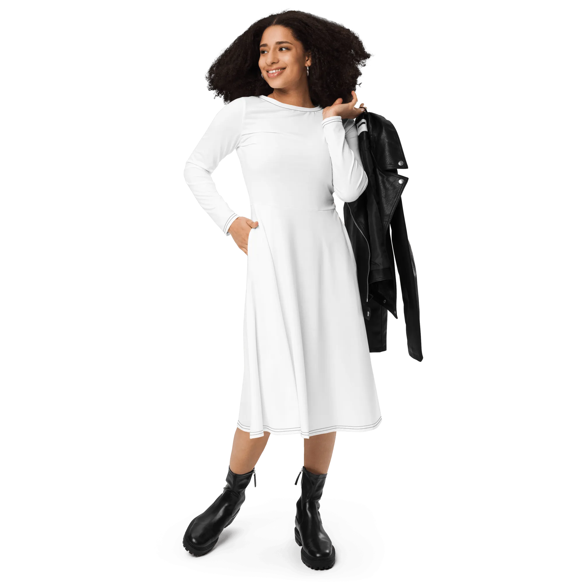 'Solid White' Long Sleeve Midi Dress