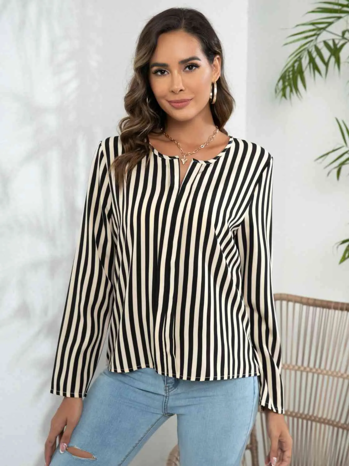 Striped Long Sleeve Notched Blouse