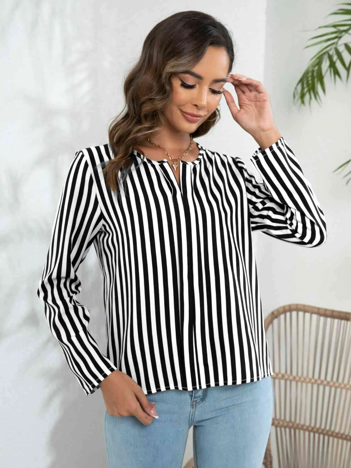 Striped Long Sleeve Notched Blouse