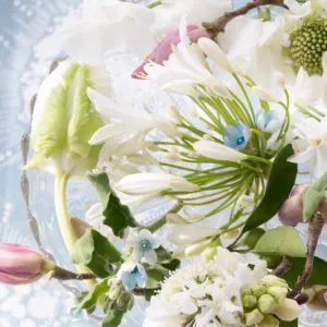 table linen, "circle burst", periwinkle and white, fringed