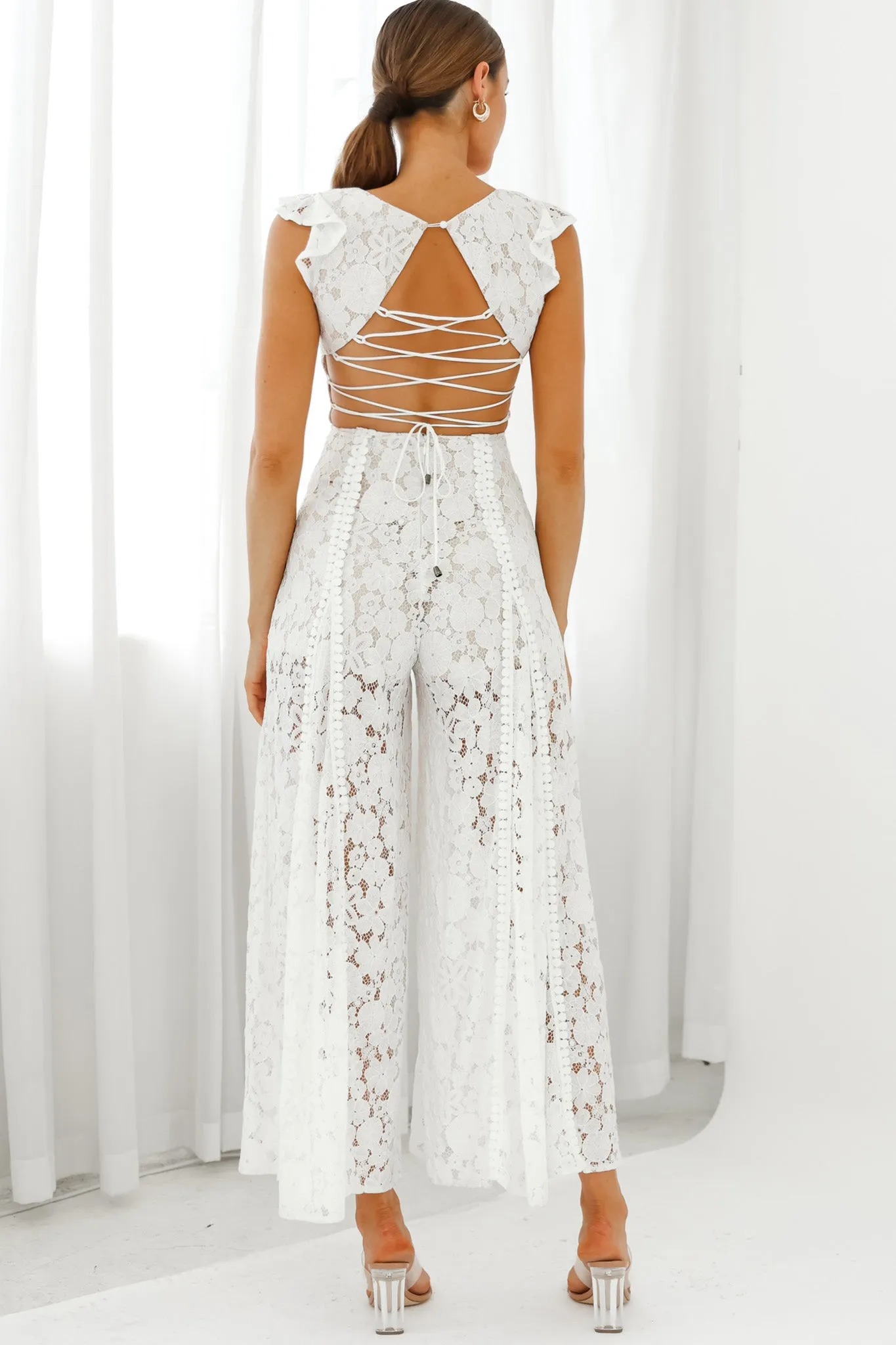 Take Note Laced-Back Frill Shoulder Lace Jumpsuit White