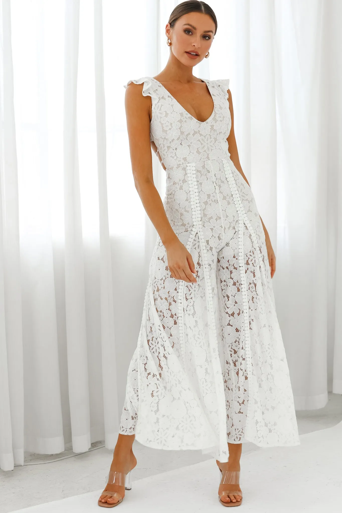 Take Note Laced-Back Frill Shoulder Lace Jumpsuit White