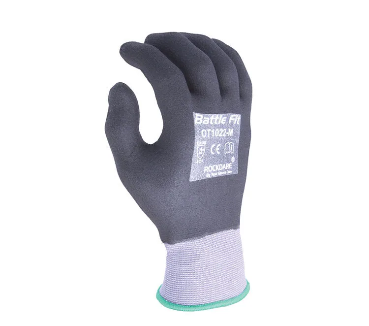 TASK GLOVES - Battle Fit - 15 Gauge Gray Gloves, Nylon shell, Black Micro-Foam Nitrile Fully coated - Quantity 12 Pair