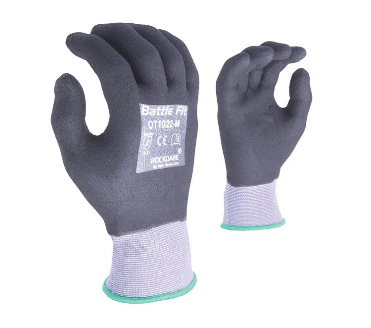 TASK GLOVES - Battle Fit - 15 Gauge Gray Gloves, Nylon shell, Black Micro-Foam Nitrile Fully coated - Quantity 12 Pair