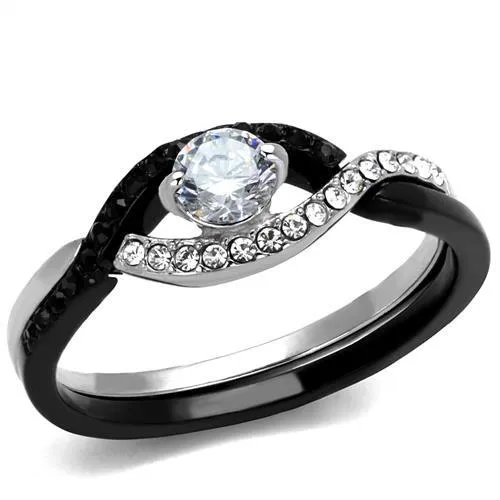 Two-Tone IP Black (Ion Plating) Stainless Steel Ring with AAA Grade CZ in Clear for Women Style TK2301