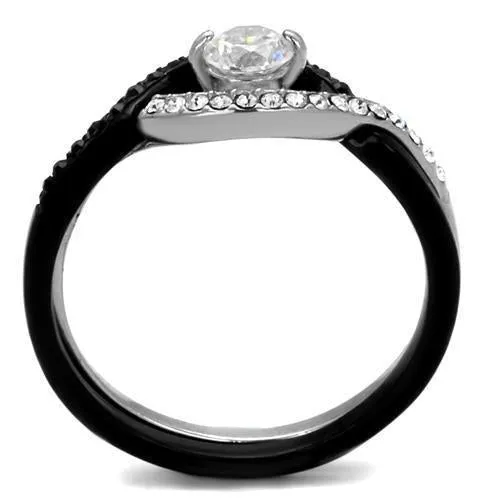 Two-Tone IP Black (Ion Plating) Stainless Steel Ring with AAA Grade CZ in Clear for Women Style TK2301