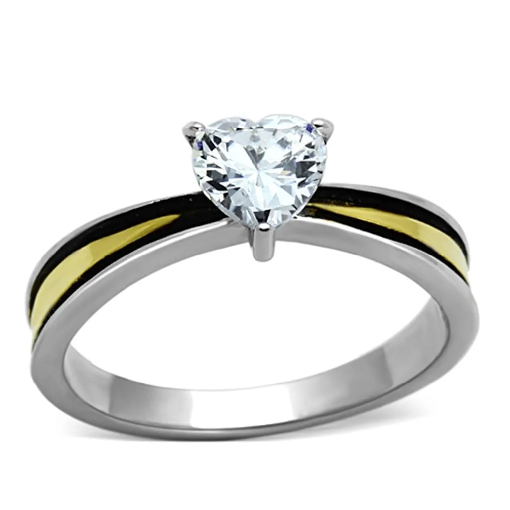 Two-Tone IP Gold (Ion Plating) Stainless Steel Ring with AAA Grade CZ in Clear for Women Style TK1283